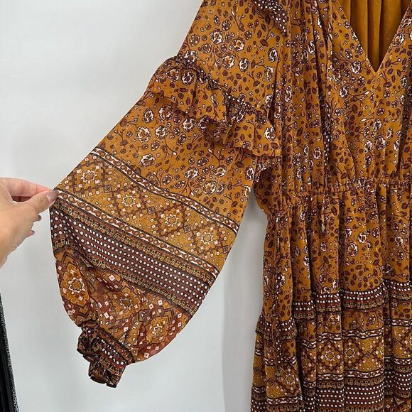House of Harlow 1960 Boho Rust Gold Brown Ruffle TieredFloral Mini Dress Small - Picture 5 of 13